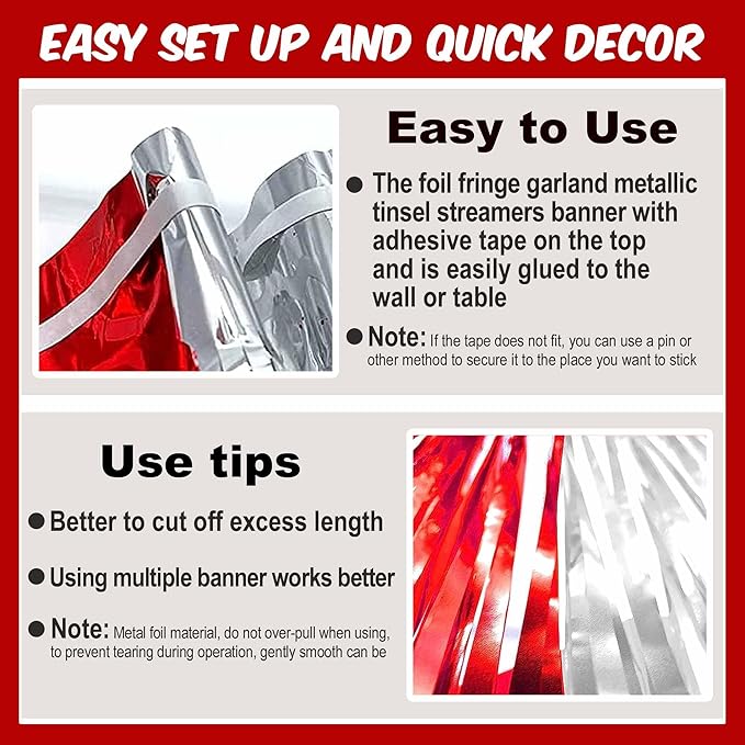 3 Pack 10 Feet Red and Silver Tinsel Foil Fringe Garland, Metallic Streamers Banner Wall Hanging Garland for Parade Floats, Graduation, Birthday, Baby Shower, Disco, Celebration Party Decoration