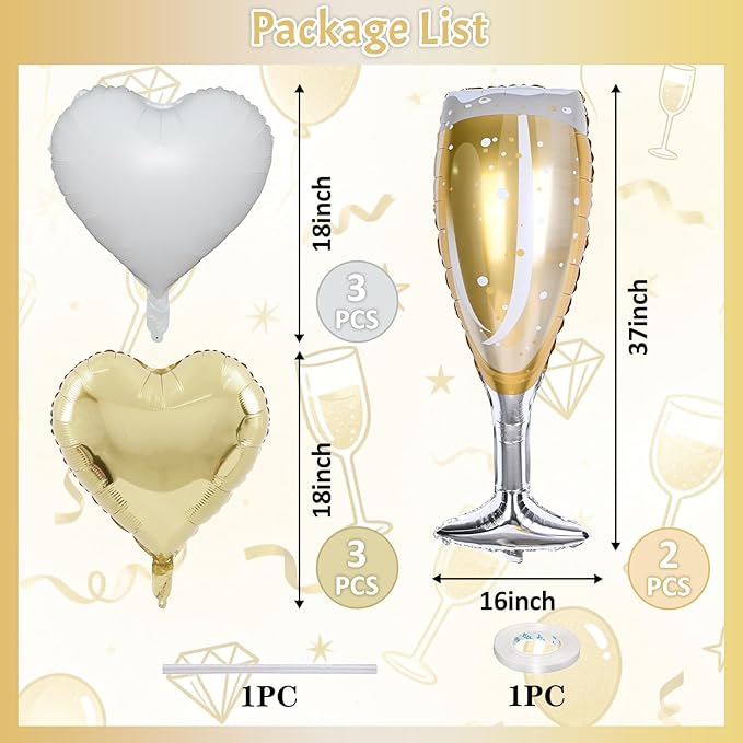 Champagne Balloons, Engagement Party Balloons with Champagne Bottle Glass Foil Mylar Balloon Gold White Heart Shaped Balloon for Wedding Anniversary Bachelorette Birthday Bridal Shower Decorations