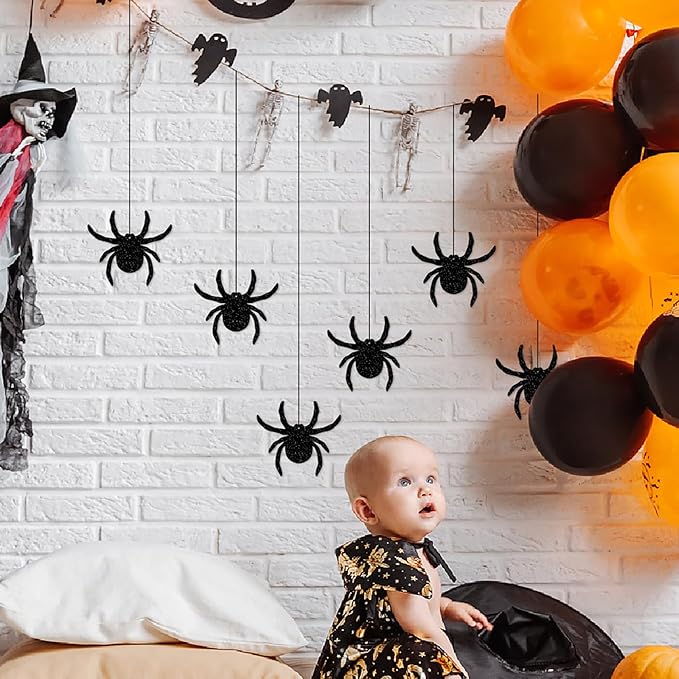 Halloween Black-Purple Spider-Web Party-Decorations Banner - 8pcs Paper Bats Spiders Hanging Swirls Streamers,Indoor Room Porch Wall Ceiling Garland, Baby Shower Birthday Supplies Decor Panduola