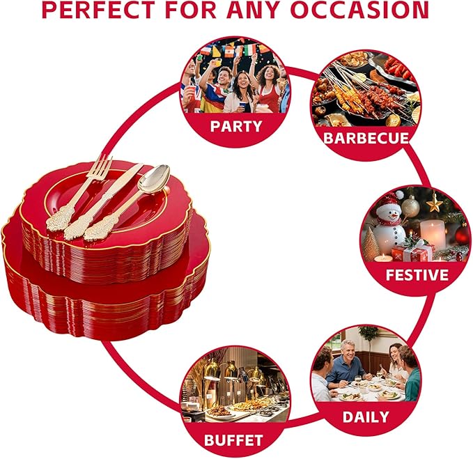 Liacere 350PCS Red Plastic Plates - Red Disposable Plates With Gold Rim - 50Guest Baroque Plastic Dinnerware include 100Plates-50Pack Pre Rolled Napkins with Silverware 50Cups for party & Mothers Day