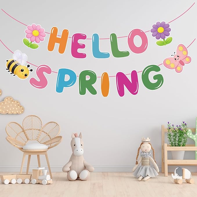 Hello Spring Banner,Colorful Spring Party Decorations with Bee, Butterfly & Flower for Spring Theme Party, Classroom,Office,Home Decor (No DIY Needed)