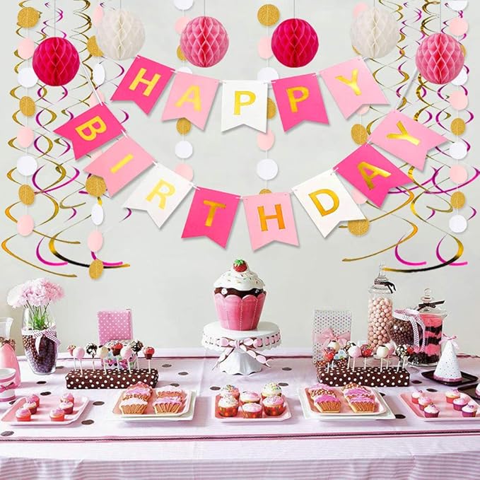 Pink Birthday Decorations with Happy Birthday Banner, Paper Honeycomb Balls, Circle Garland and Hanging Swirl Decorations