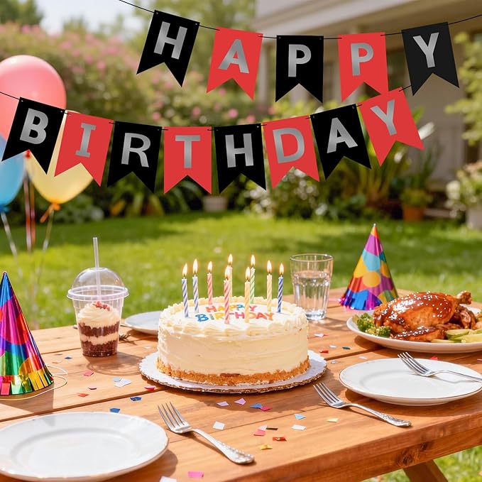 Red Silver Black Happy Birthday Banner Sign Happy Birthday Bunting Banner Garland for Kids Girl Woman Birthday Tea Party Decorations Bunting Flag Birthday Party Supplies