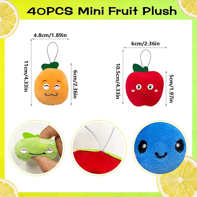 XIPEGPA 40 PCS Cute Mini Fruit Plush Toys Colorful Stuffed Fruits Soft Orange Peach Stuffed Doll for Party Favors Keychain Ornament for Goody Bag Easter Egg Stuffers Carnival Birthday Party 20 Styles