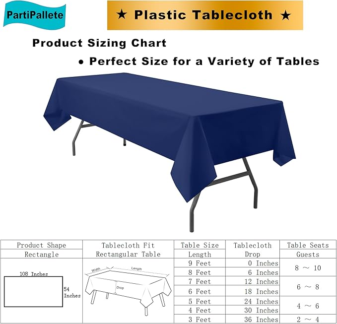 3-Pack Premium Plastic Deep Navy Blue Tablecloth Disposable 54 x 108 Inch. Rectangle Table Cover PEVA Party Marine Midnight Blue Table Cloths for Parties Birthday Wedding Picnic Banquet