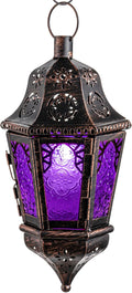 DECORKEY Moroccan Decorations Indoor, 13.6’’ Lantern Decorative Outdoor, Halloween Style Hanging Lantern with Chian for Home Porch Patio Decor, Vintage Metal Christmas Ramadan Candle Holders(Purple)