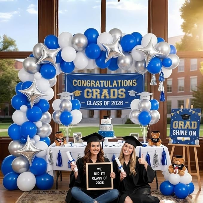 Royal Blue and Silver Balloons for Graduation Party Decorations, 12In Dark Navy Blue and White Balloons with Metallic Silver Star Balloon for Graduation Father's Day Birthday Baby Shower Party Decor