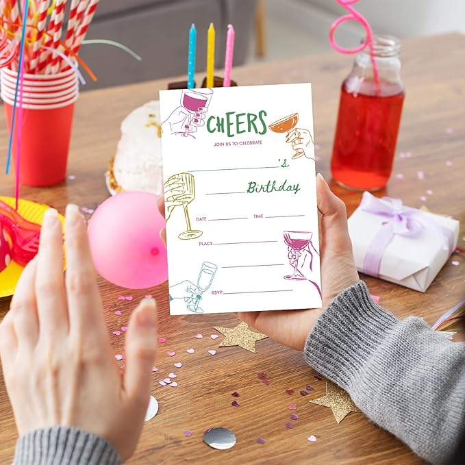 Cheers Birthday Party Invitation Cards for Adults Women Men, Colorful Cheers Birthday Celebration Party Invite Cards Supplies, 20 Double-Sided Fill In Invites With Envelopes -13