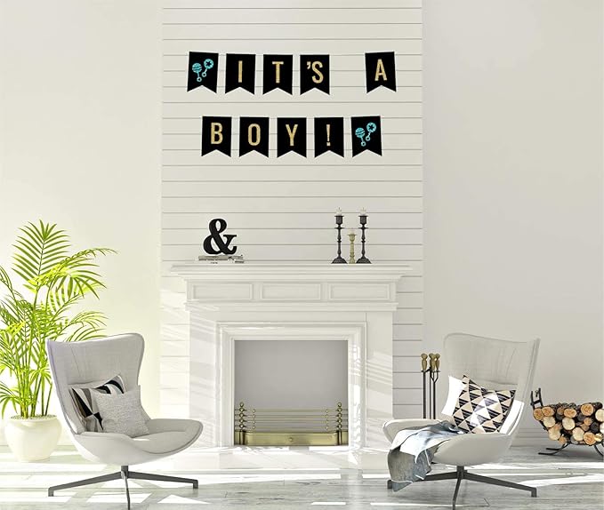 Andaz Press Faux Gold Glitter on Black Baby Shower Party Banner Decorations, It's a Boy!, Approx 5-Feet, 1-Set, Colored Hanging Pennant Decor