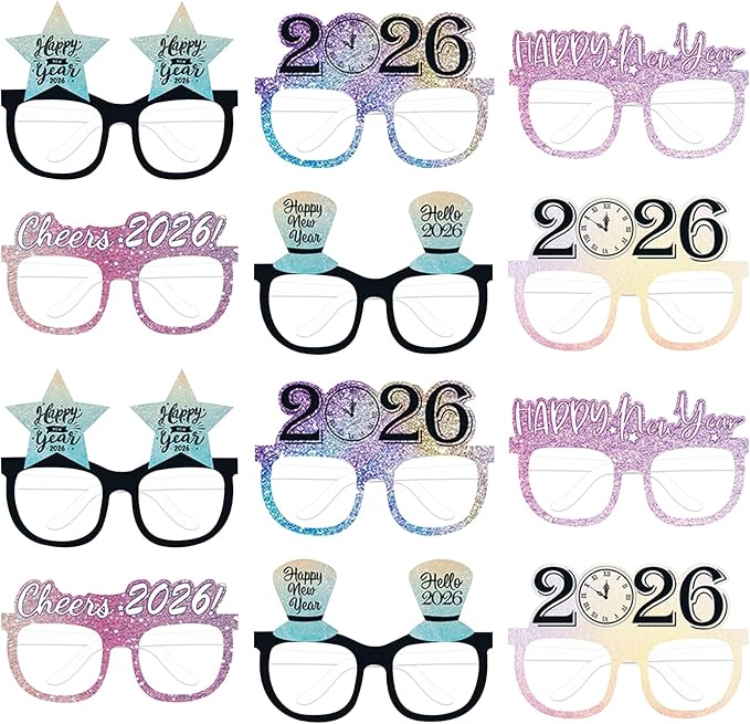 12PCS New Year Glasses, Funny New Years Eve Party Paper Glasses Photo Booth Props 2026 Eyeglasses Frames for NYE Party Supplies Decorations 2026