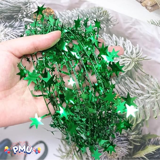 PMU 25 Ft Star Garlands with Wire, Shiny Metallic Garland for Christmas Party, Wedding, Birthday, Halloween Festive Home Decoration Ornament, Green