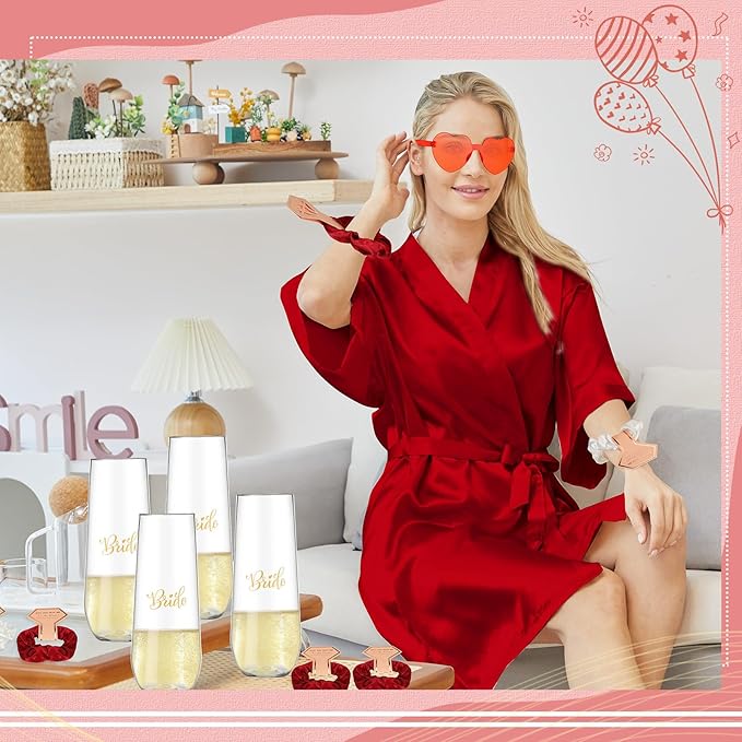 Panitay 42 Pcs Bridal Robes Sets Bride Robes Bridesmaids Proposal Gift Heart Sunglasses Champagne Flutes for Wedding Party