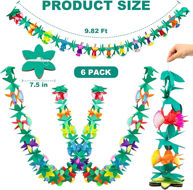 6Pcs Tropical Flower Garlands, Colorful Luau Flower Garlands, 59 Feet Length Paper Flowers Garland Decorations for Hawaiian Beach Party Birthday Baby Party Wedding