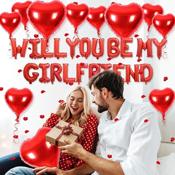 2 set 16 inch Will You be My Girlfriend Balloons and Heart Balloons with 1000 Pieces Rose Petals, Red Letter Balloon for Her Valentines Day Decorations Wedding Anniversary Engagement