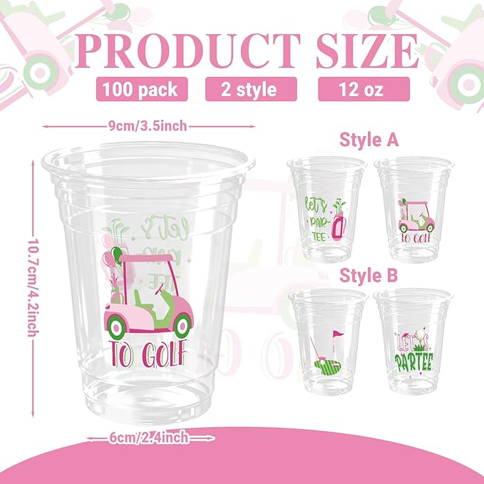 100 Pack Pink Golf Plastic Cups 12 oz Green Golf Ball Disposable Cups Spring Party Favor Drinking Cold Beverage Cup for Sports Birthday Party Supplies