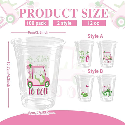 100 Pack Pink Golf Plastic Cups 12 oz Green Golf Ball Disposable Cups Spring Party Favor Drinking Cold Beverage Cup for Sports Birthday Party Supplies