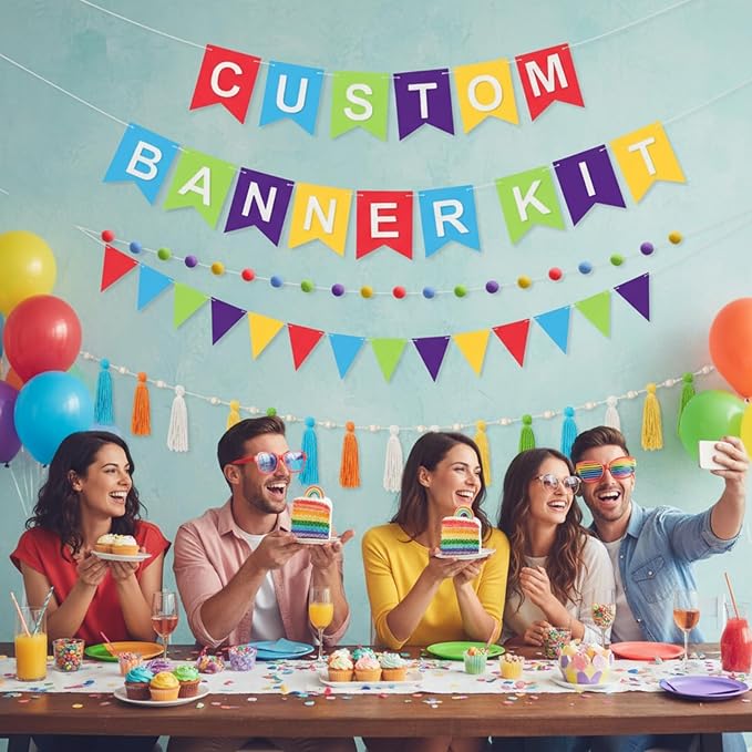 139 Pcs Felt DIY Custom Banner Kit Include 104 Letters 18 Swallowtail Flags 15 Pennants 2 Pcs Pom Pom Garland Tassel Pompom Decoration for Home Baby Shower Birthday(Rainbow)