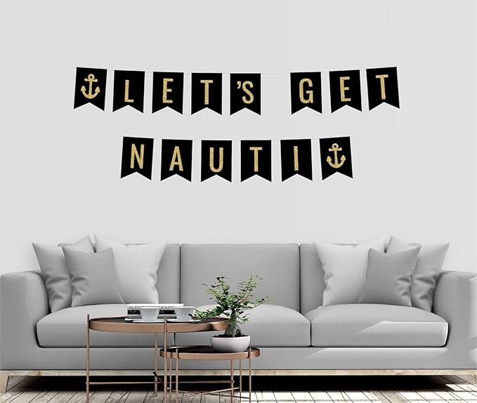 Andaz Press Faux Gold Glitter on Black Funny Alcohol Party Banner Decorations, Let's Get Nauti, Anchor Graphic, Approx 5-Feet, 1-Set, Wedding Bridal Shower Bachelorette Colored Hanging Pennant Decor
