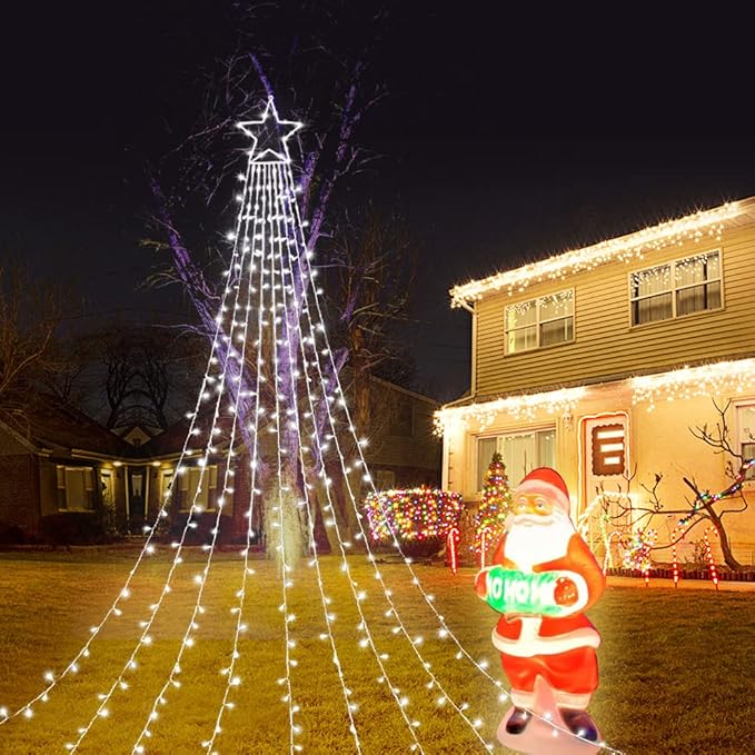 FUNIAO Outdoor Christmas Star Lights 320 LED Waterfall Christmas Tree Lights 8 Lighting Modes Outdoor Christmas Decorations Star String Lights for Outside Tree Wall Yard Xmas Wedding Party (White)
