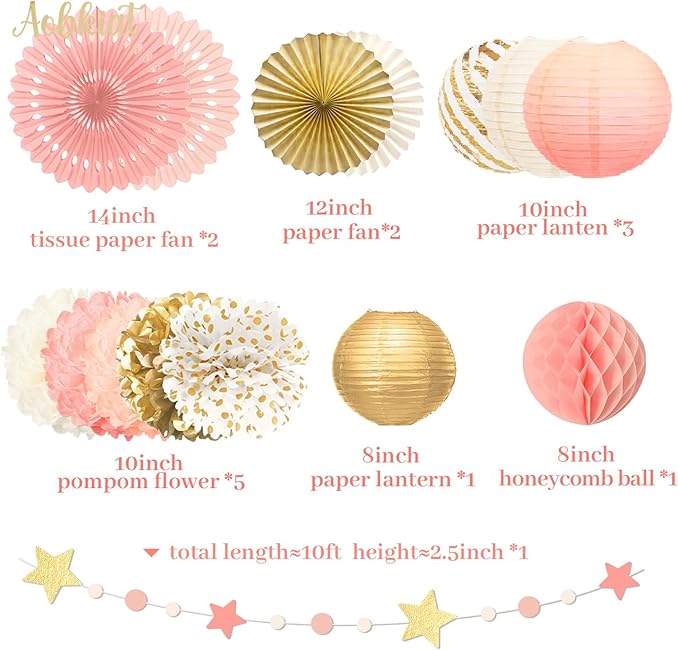 AOBKIAT Pink Birthday Party Decorations Kit-Tissue Paper Pom Poms,Lanterns,Fans Flowers,Star Garlands,Streamers for Girls Women Birthday,Wedding,Bachelorette,Bridal Shower,Baby Shower,Princess Party