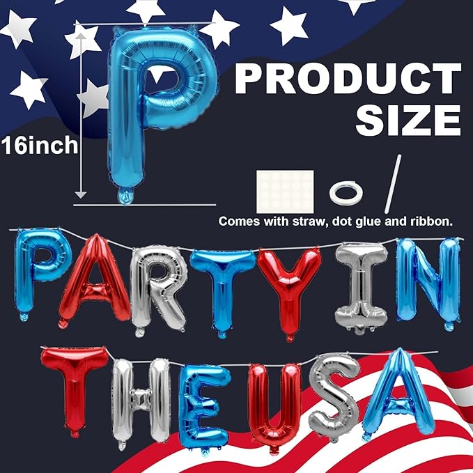 4th of July Decorations Stars Set, Red White Blue Star Streamers, "Party in the USA" Balloons for Patriotic Memorial Veterans Labor Independence Day Decor