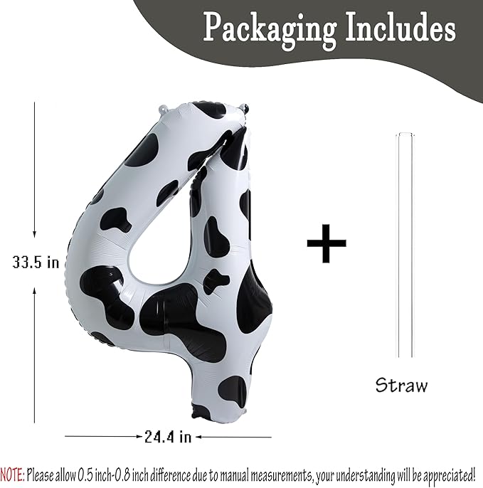 Cow Print Balloon Birthday Decorations Supplies,40 inch Number 4 Balloon | Cowgirl Theme Number Balloons for 4st Birthday Party | Farm Barn Decor for kids
