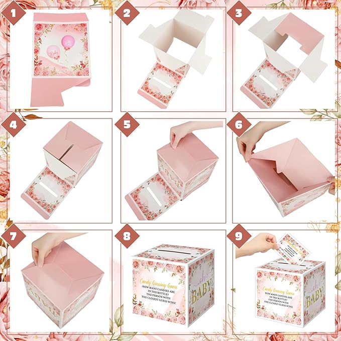 Glenmal 52 Pcs Baby Shower Games Gift Sets Large Baby Bottle for Shower Game Guess How Many Candies Decorations for Gender Reveal(Flower)