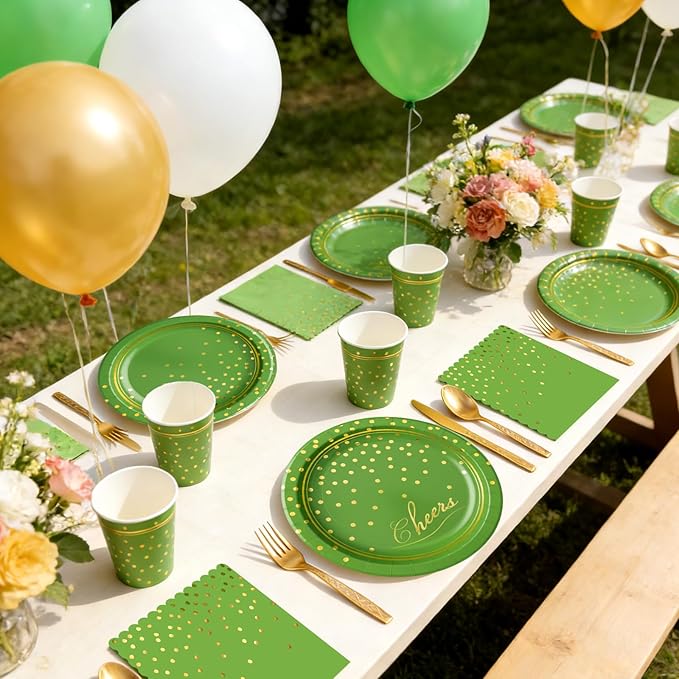 OuMuaMua Disposable Green Paper Plates Party Supplies for 24 Guests, 168 Pcs Green and Gold Party Plates, Cups and Napkins with Utensils Set for Birthday Graduation Party Decor