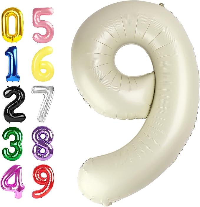 Cream Balloon Numbers 9, Big 40 Inch Happy 9 19 29 90 Birthday for Men And Women, Foil Balloons Decoratins for Wedding Anniversary, Christmas, New Year, Halloween Party Syupplies