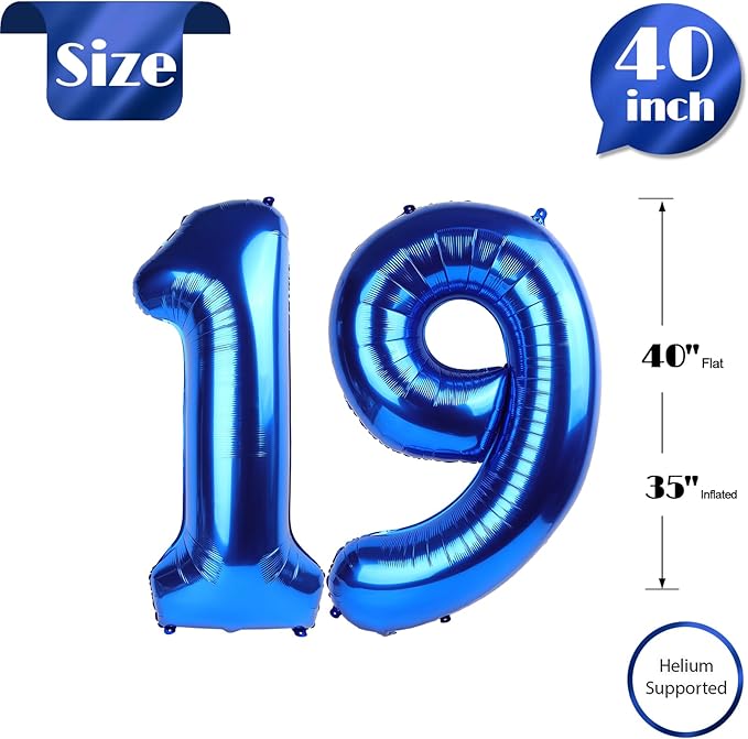 Navy Blue Number 19 Balloon 40 inch, 19 Number Balloons, 19th Navy Blue Birthday Decorations, 19 Year Old Girls Boys Blue Party Supplies