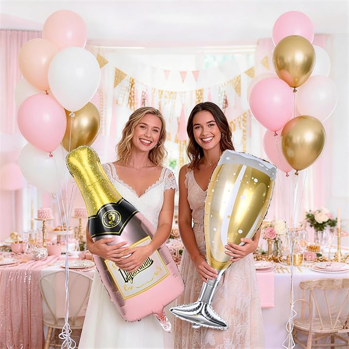 Champagne Bottle Glass Balloons 4pcs, Large Champagne Wine Foil Mylar Balloons for Women Girls Birthday Bachelorette Bridal Shower Wedding Anniversary Engagement Celebration Party Decorations Supplies