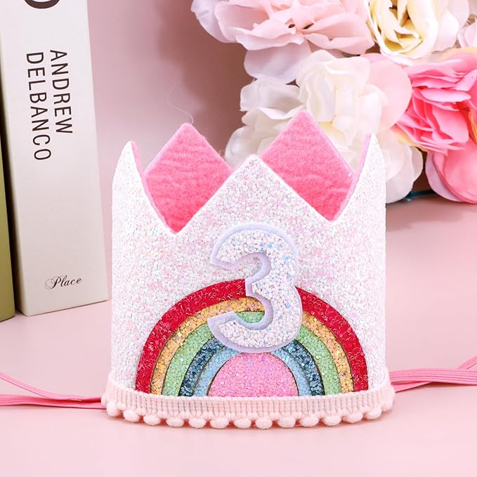 Rainbow Birthday Headband 3 Year Old Girl's Birthday Crown, 1 Count (Pack of 1)