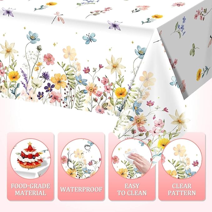 3 Pieces Wildflower Tablecloths Spring Floral Baby Shower Birthday Tablecover Plastic Disposable Rectangle Table Covers for Spring Summer Picnic Wedding Tea Party