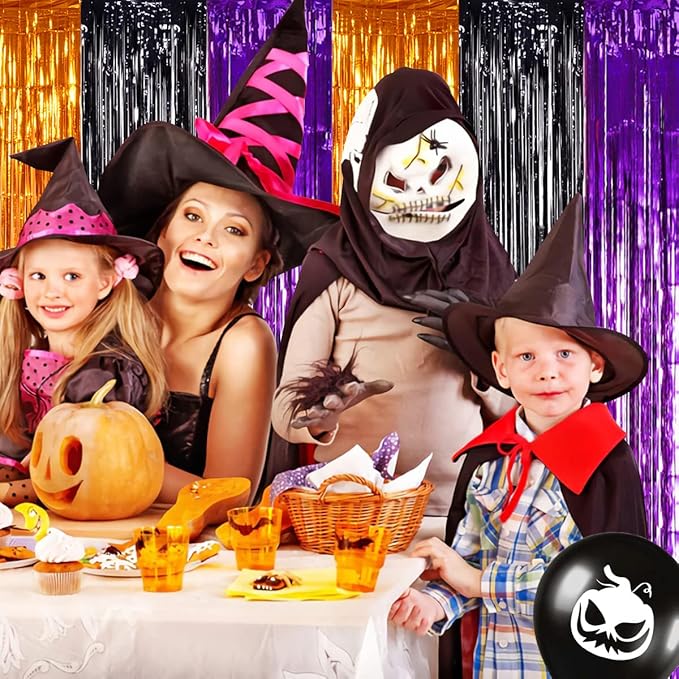 TONIFUL 2Pcs Orange Purple Black Metallic Tinsel Foil Fringe Curtains,3.28ft x 6.56ft Halloween Photo Booth Backdrop Streamer,Photo Props,for Party Door Wall Curtains Wedding Birthday(6.6ft x 6.6ft)