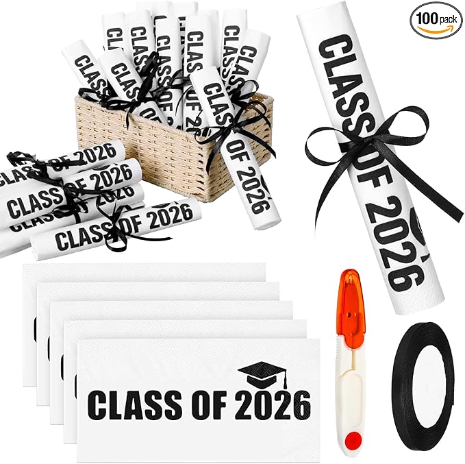 100 Set Graduation Class of 2026 Guest Napkins Black Rolled Silverware Disposable Grad Award Dinner Napkin with Ribbon and Scissors for Celebration