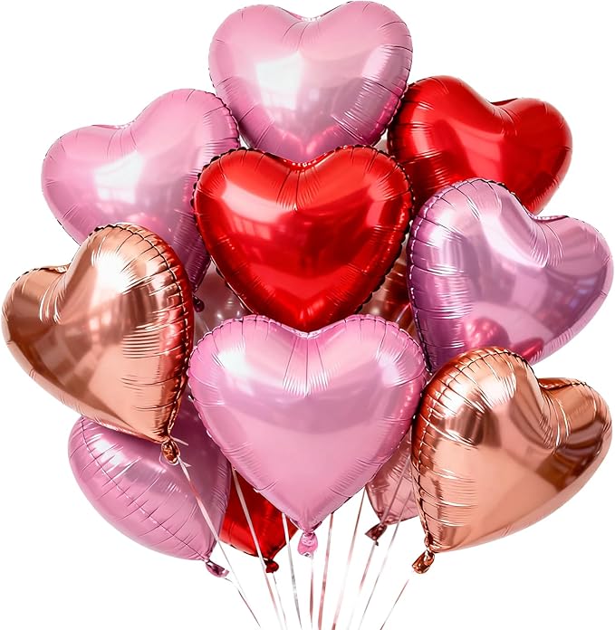 TONIFUL 30Pcs 18 Inch Rose Gold Red PInk Balloons Heart Shape Foil Mylar Banners Decoration for Birthday Valentine's Day Wedding Bridal Shower Anniversary Engagement Party Supplies