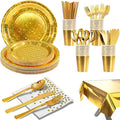 201-piece disposable party tableware set with paper plates, cups, napkins, straws, tablecloths, plastic knives, forks and spoons for a variety of party occasions for up to 25 people (Golden Star)