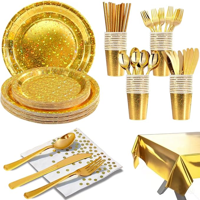 201-piece disposable party tableware set with paper plates, cups, napkins, straws, tablecloths, plastic knives, forks and spoons for a variety of party occasions for up to 25 people (Golden Star)