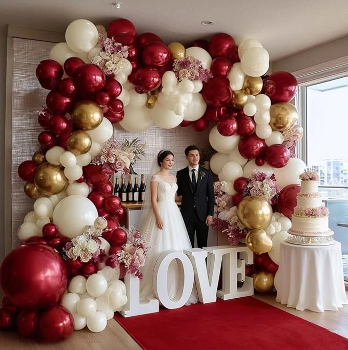 Burgundy Gold Balloons Garland Double Stuffed Wine Red Sand White Metallic Gold Latex Balloons Arch Kit for Bridal Wedding Anniversary Baby Shower Birthday Party Decorations