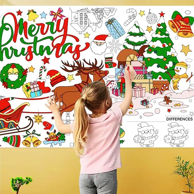 JUNQIU Christmas Coloring Tablecloth for Kids, 72 x 31Inches Giant Coloring Poster Banner - Christmas Crafts, Activities for Kids, Paper Color Tablecloths