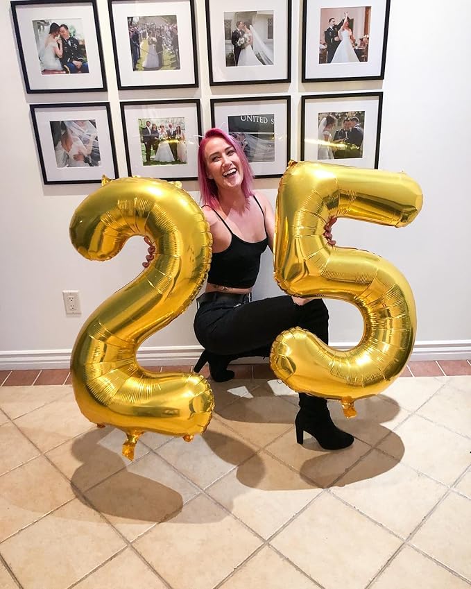 25 Balloon Number, Gold Number 25th Birthday Balloons 40 Inch, 25 or 52 Years Old Gold Birthday Decorations for Men Women, 25th Anniversary Decorations