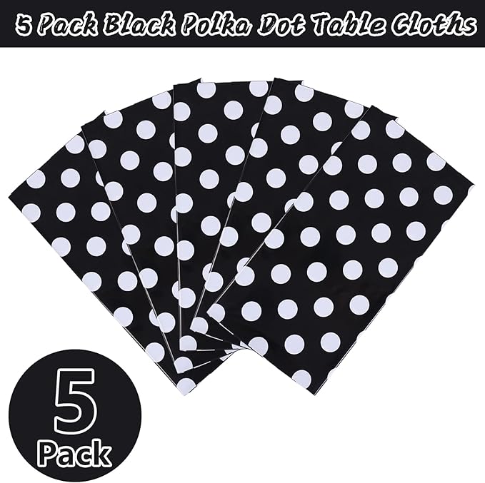 Kesfey 5 Packs Black and White Dots Table Cloth 54x108 Inch Black Polka Dot Mini Mouse Plastic Table Cloth Disposable Black Waterproof Picnic Table Covers for Rectangle Tables Halloween Birthday Party