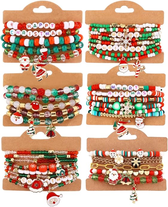 Cooluckday 36 Pcs Holiday Heishi Surfer Bracelets for Women Bulk Easter Mother's Day Christmas St. Patrick's Day Mardi Gras Bracelet Stackable Stretch Friendship Bracelets Set
