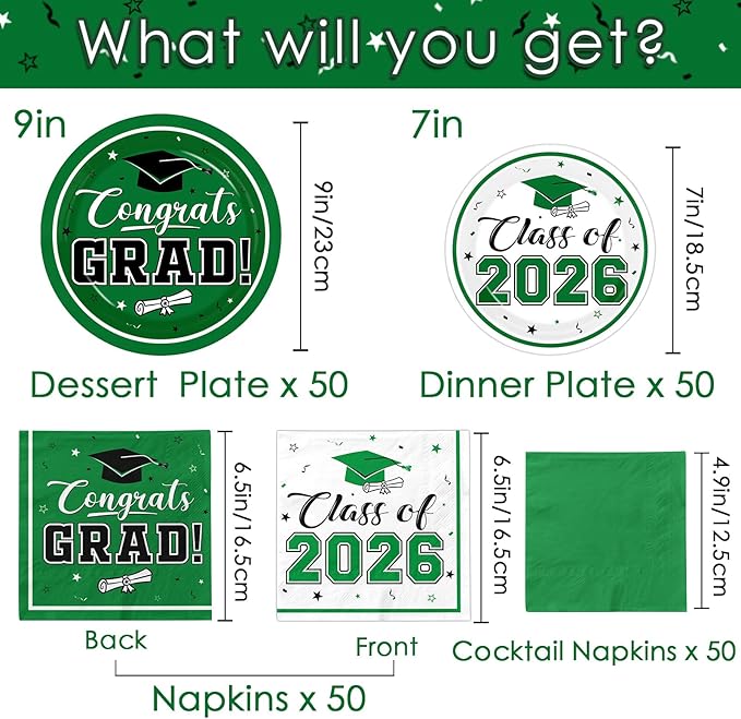 Graduation Party Plates and Napkins Green Class of 2026 Grad Congrats Party Supplies Disposable Dessert Paper Plates Cocktail Napkins forGraduation Party Decorations,Serve 50