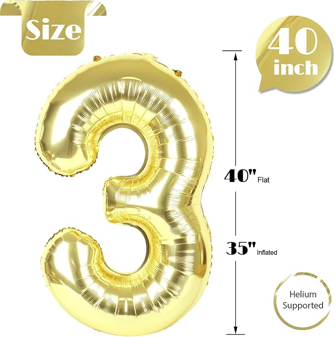 Champagne Gold Number 3 Balloon 40 Inch, White Gold 3 Balloon Number, 3rd Birthday Decorations, Light Gold Party Supplies for Boys Girls