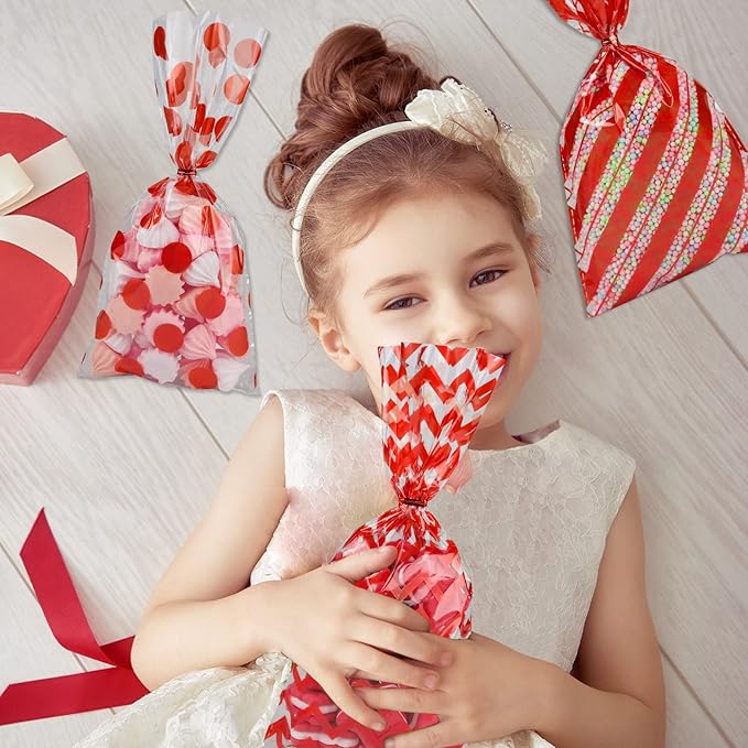 Aneco 100 Pack Red Cellophane Bags 10.6 x 5.1 Inch Plastic Candy Bags Gift Bags Goodie Bags with Twist Ties for Valentine, Birthday, Gift Cookie Snack Packing Party Favor Supplies