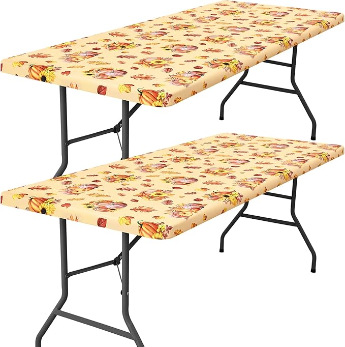 Smiry 2 Pack Rectangle Thanksgiving Table Cloth, Waterproof Elastic Fitted Tablecloths, Washable Polyester Rectangular Patio Table Cover for Autumn Harvest Parties (Pumpkin Sunflower, 30"x96")