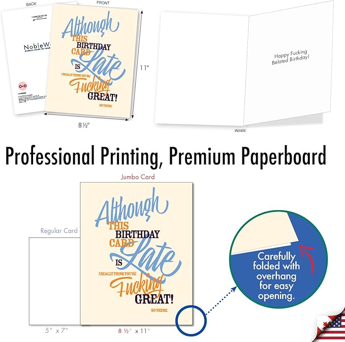 NobleWorks - 1 Jumbo Belated Happy Birthday Card (8.5 x 11 Inch) - Big Humor Stationery for Birthdays - Late Card J7348BEG