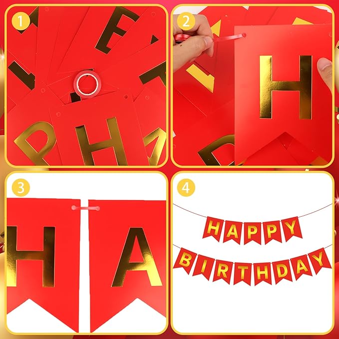 Red Gold Happy Birthday Banner Sign Happy Birthday Bunting Banner Garland for Kids Girl Woman Birthday Tea Party Decorations Bunting Flag Birthday Party Supplies