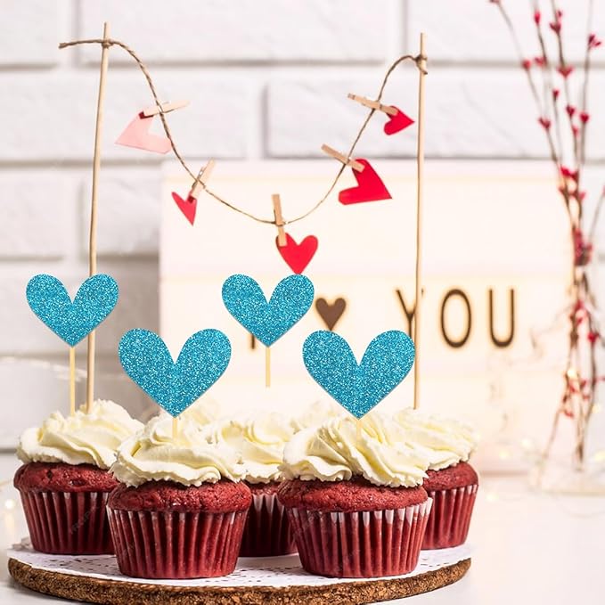 24Pcs Glitter Heart Cupcake Toppers for Valentine's Day Decorations, Mixed Size Double-Sided Heart Valentine's Day Cupcake Toppers for Wedding Bridal Shower Party Decorations (Blue)